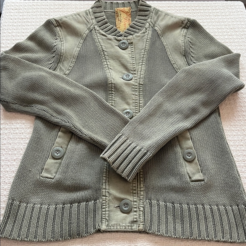 Ruff Hewn- brand, Vintage, Army green 100% cotton sweater cardigan w canvas trim